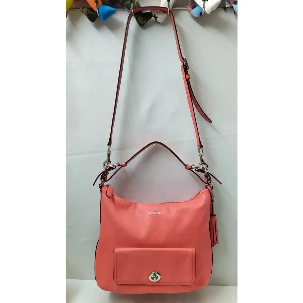 Coach Courtenay Coral Pink Leather Turnlock Pocket Tassel Hobo Shoulder Bag